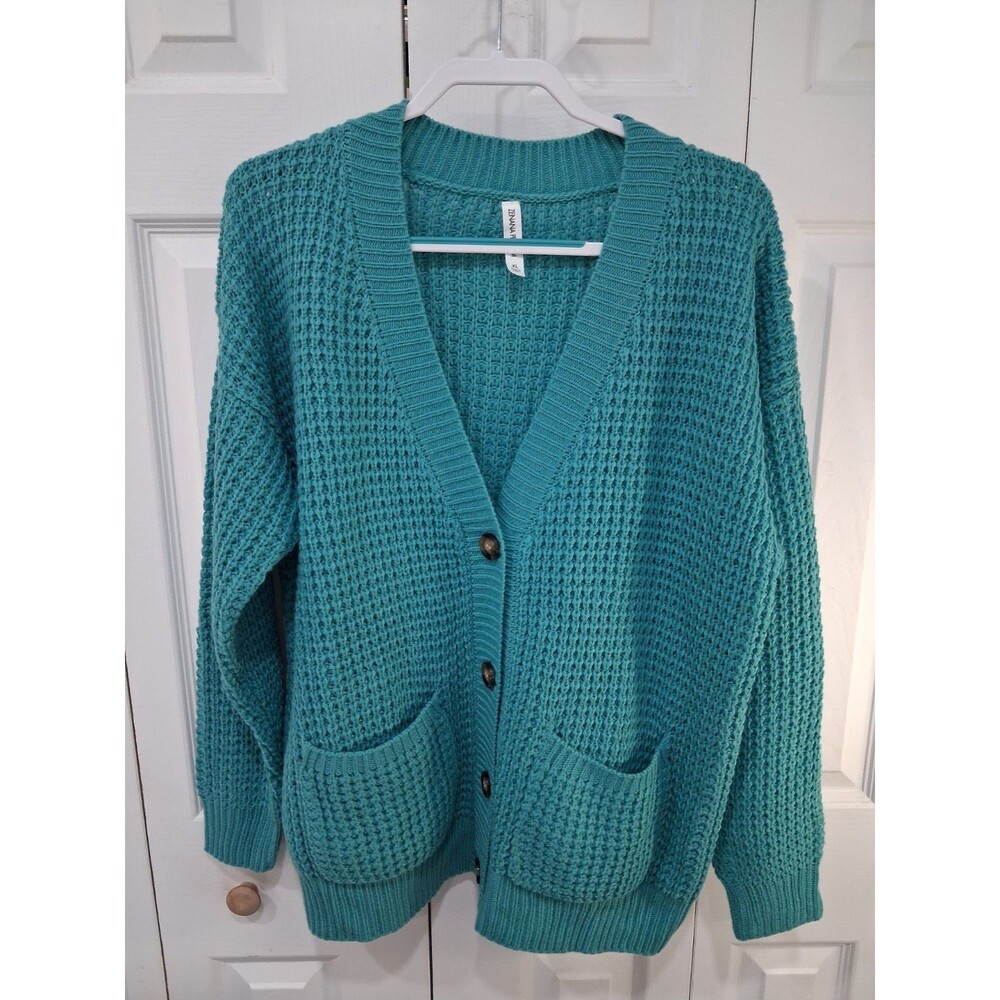 Turquoise Waffle Knit Cardigan Pockets Cottagecore Grandmacore Coastal Boho XL